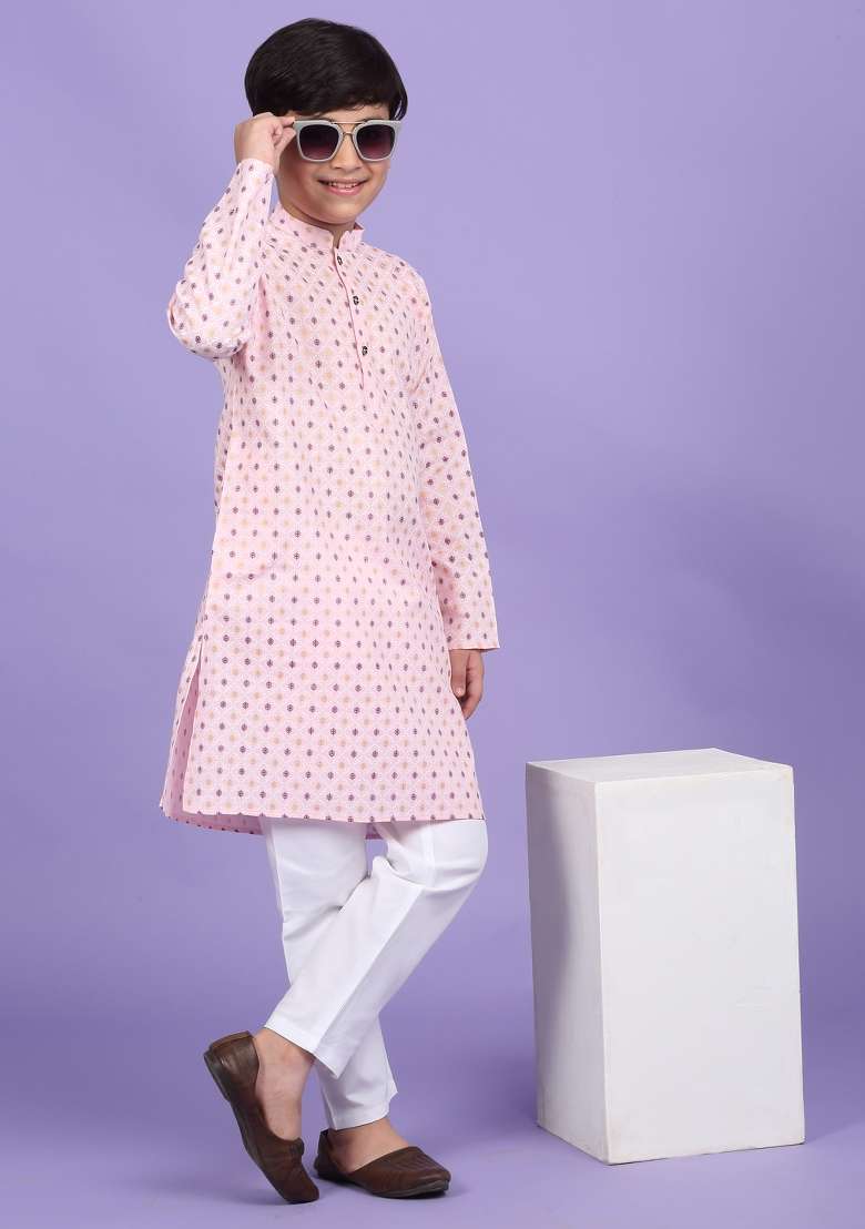 Pink Printed Cotton Blend Kurta For Boys - Indya