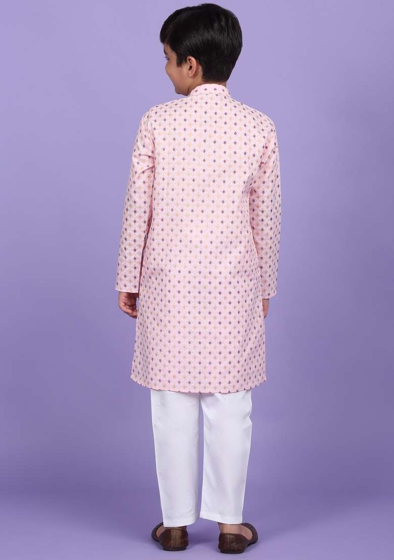 Pink Printed Cotton Blend Kurta For Boys - Indya