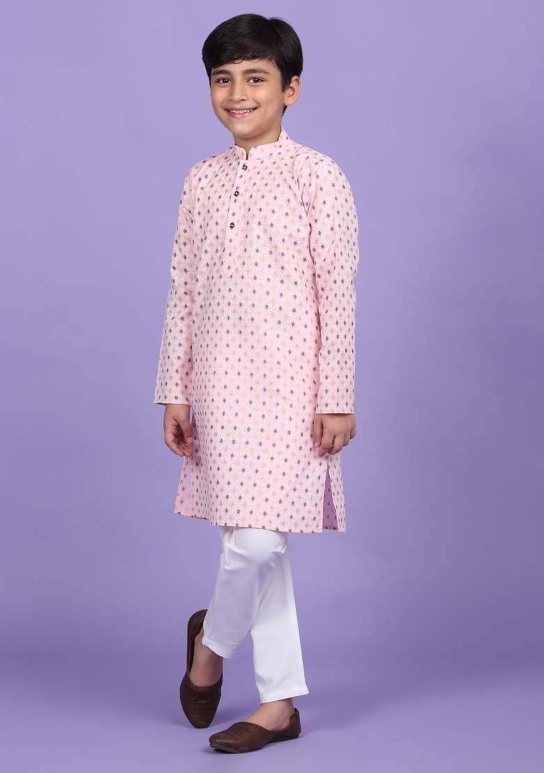 Pink Printed Cotton Blend Kurta For Boys - Indya