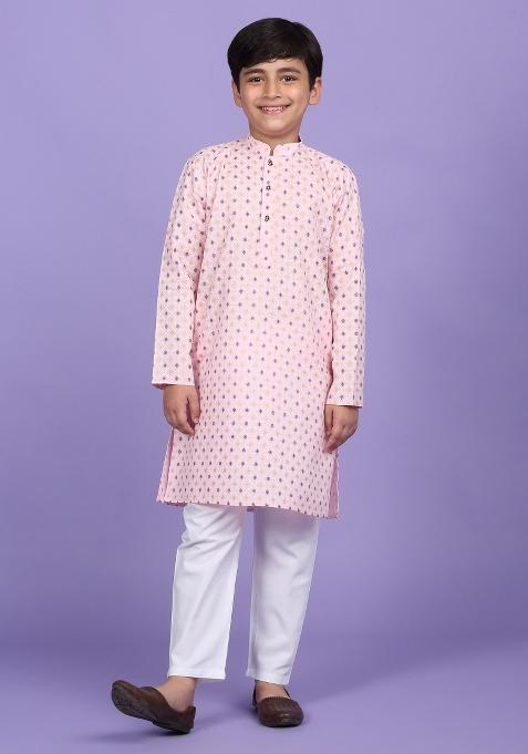 Pink Printed Cotton Blend Kurta For Boys