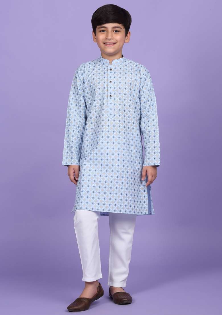 Sky Blue Printed Cotton Blend Kurta For Boys - Indya