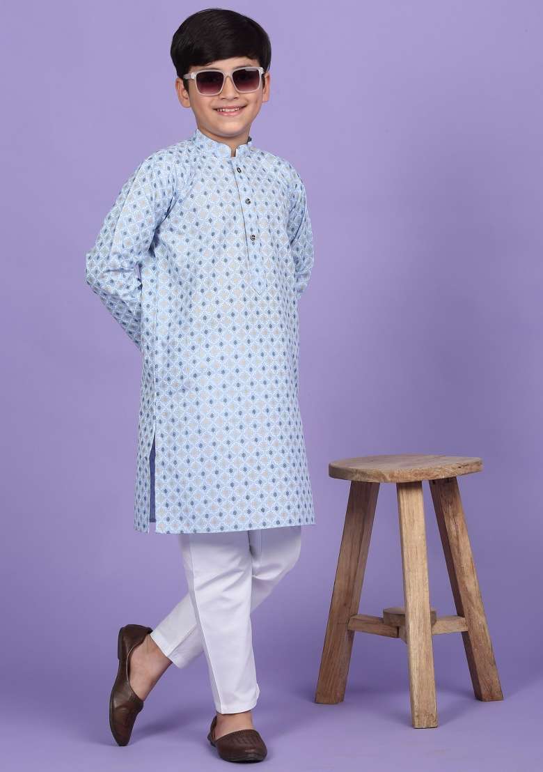 Sky Blue Printed Cotton Blend Kurta For Boys - Indya