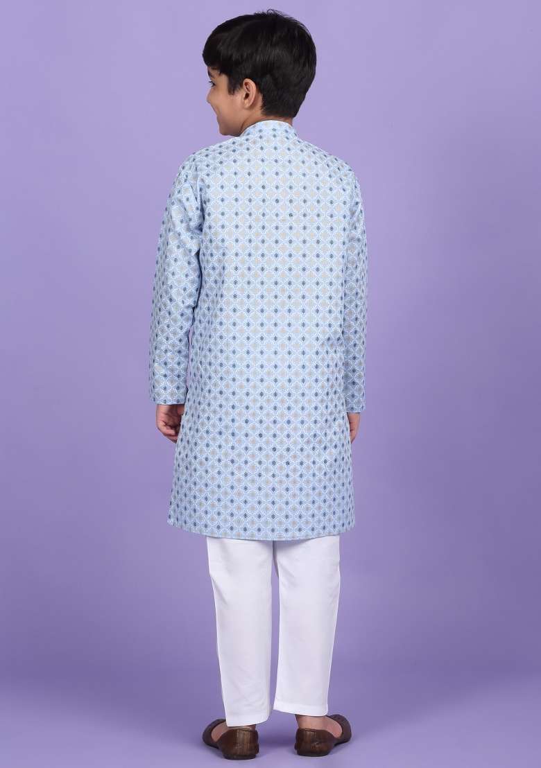 Sky Blue Printed Cotton Blend Kurta For Boys - Indya