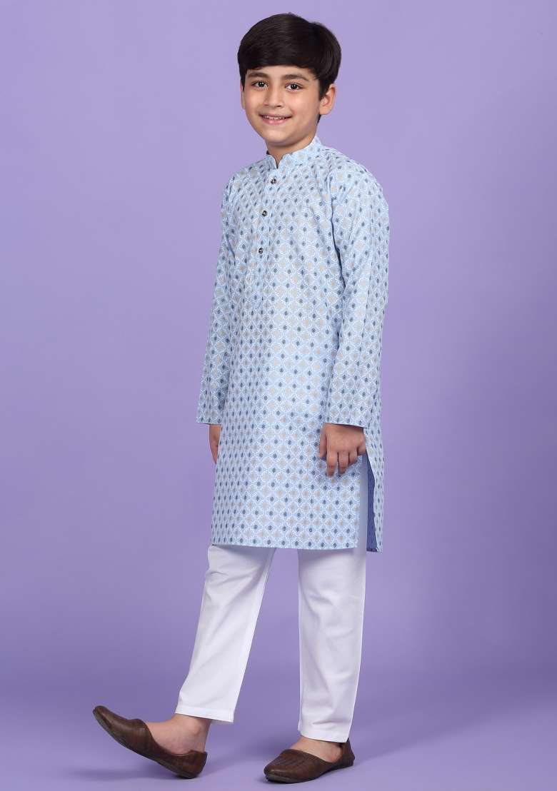 Sky Blue Printed Cotton Blend Kurta For Boys - Indya