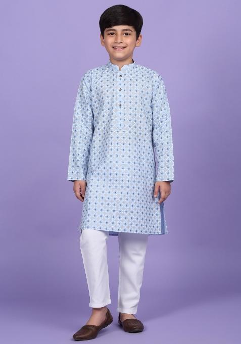 Sky Blue Printed Cotton Blend Kurta For Boys
