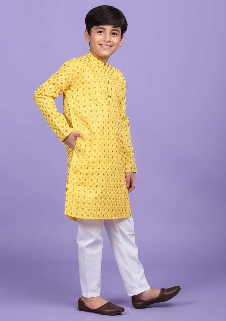 Yellow Printed Cotton Blend Kurta For Boys - Indya