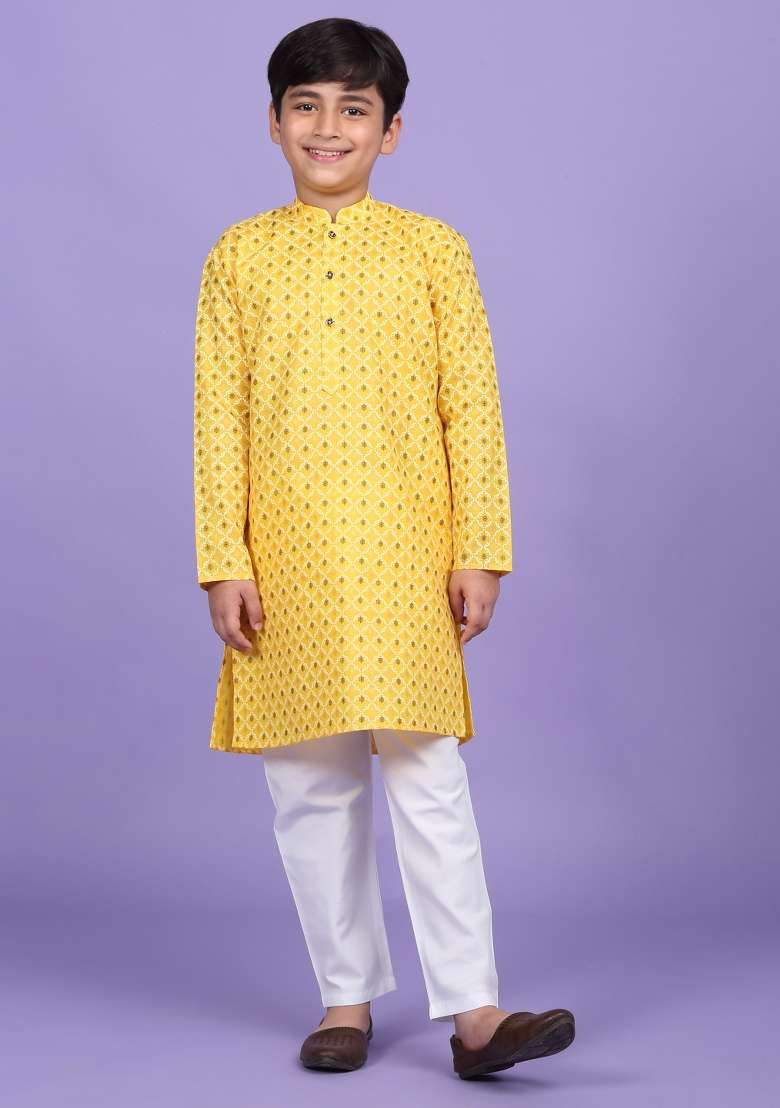 Yellow Printed Cotton Blend Kurta For Boys - Indya