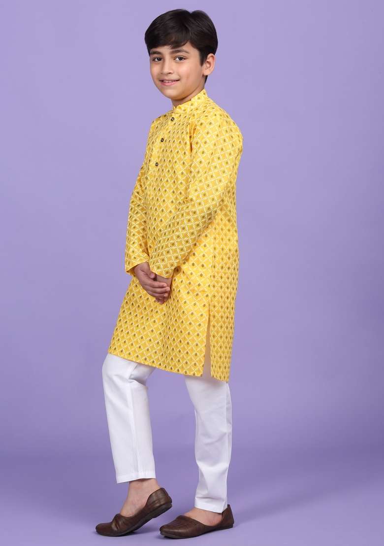 Yellow Printed Cotton Blend Kurta For Boys - Indya