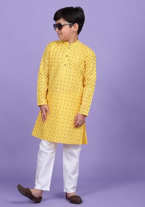 Yellow Printed Cotton Blend Kurta For Boys