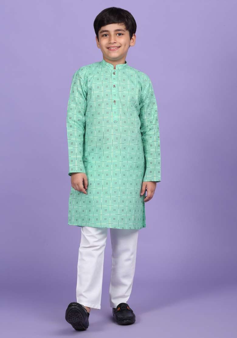 Green Printed Cotton Blend Kurta For Boys - Indya