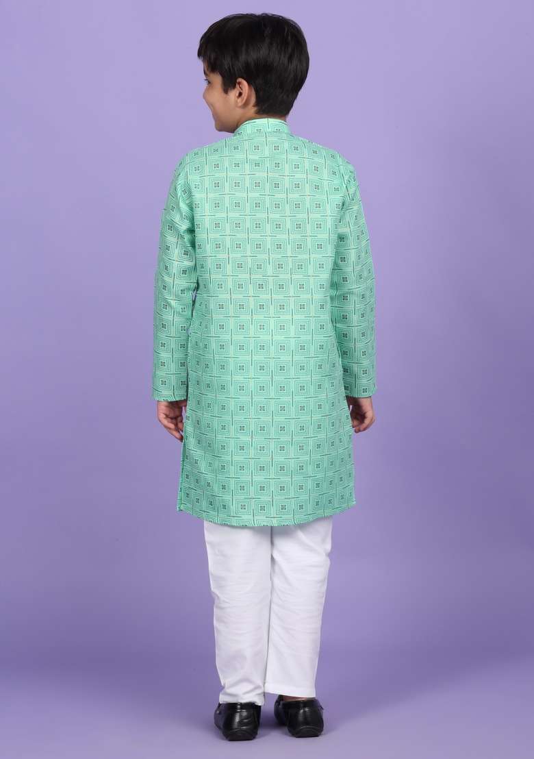 Green Printed Cotton Blend Kurta For Boys - Indya