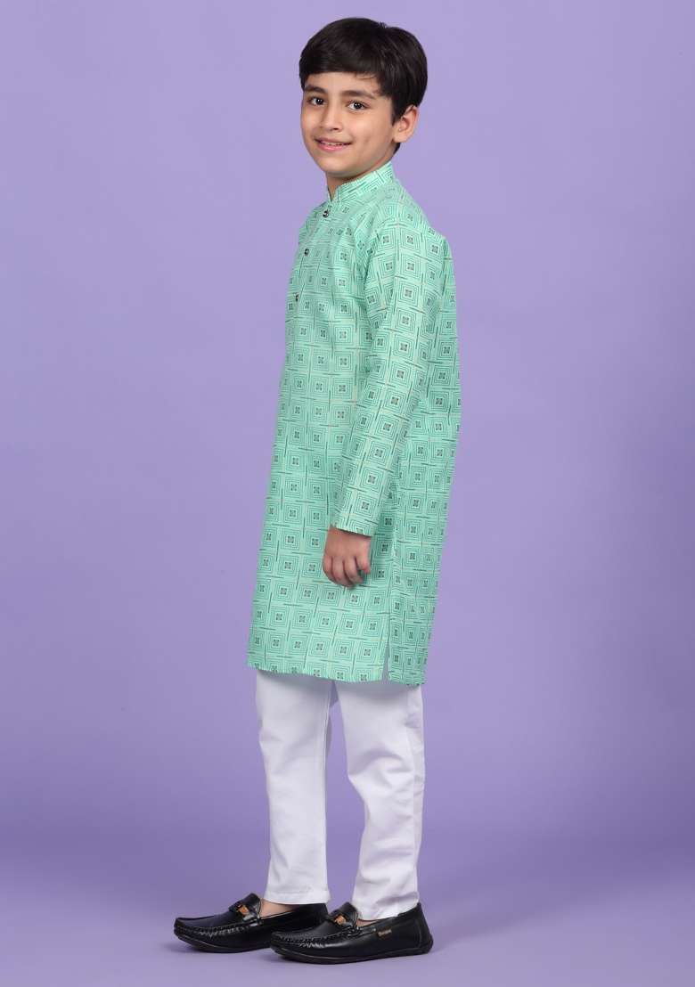 Green Printed Cotton Blend Kurta For Boys - Indya