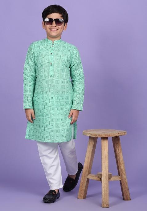 Green Printed Cotton Blend Kurta For Boys
