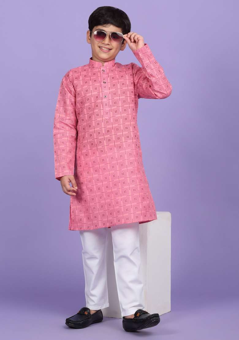 Pink Printed Cotton Blend Kurta For Boys - Indya