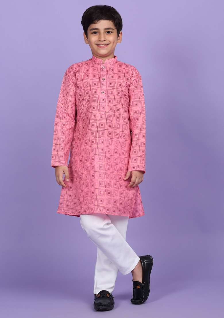 Pink Printed Cotton Blend Kurta For Boys - Indya