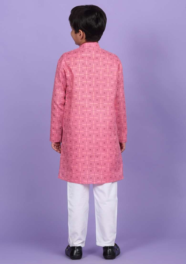 Pink Printed Cotton Blend Kurta For Boys - Indya