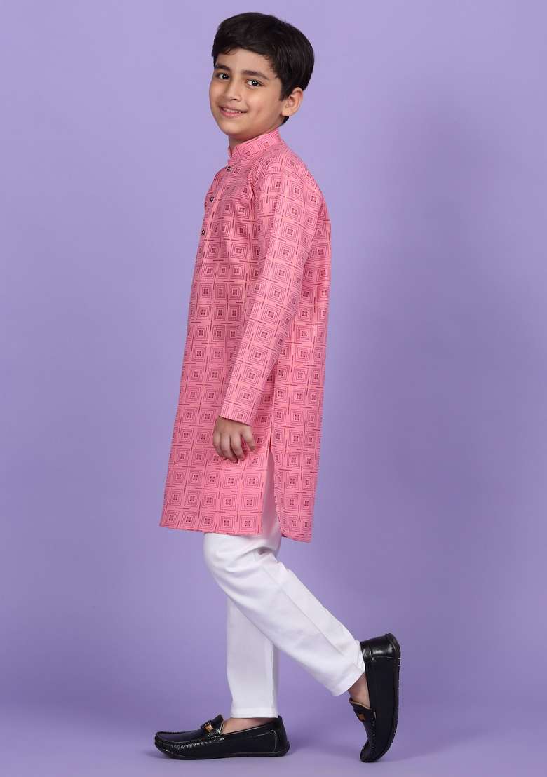 Pink Printed Cotton Blend Kurta For Boys - Indya