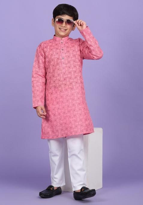 Pink Printed Cotton Blend Kurta For Boys