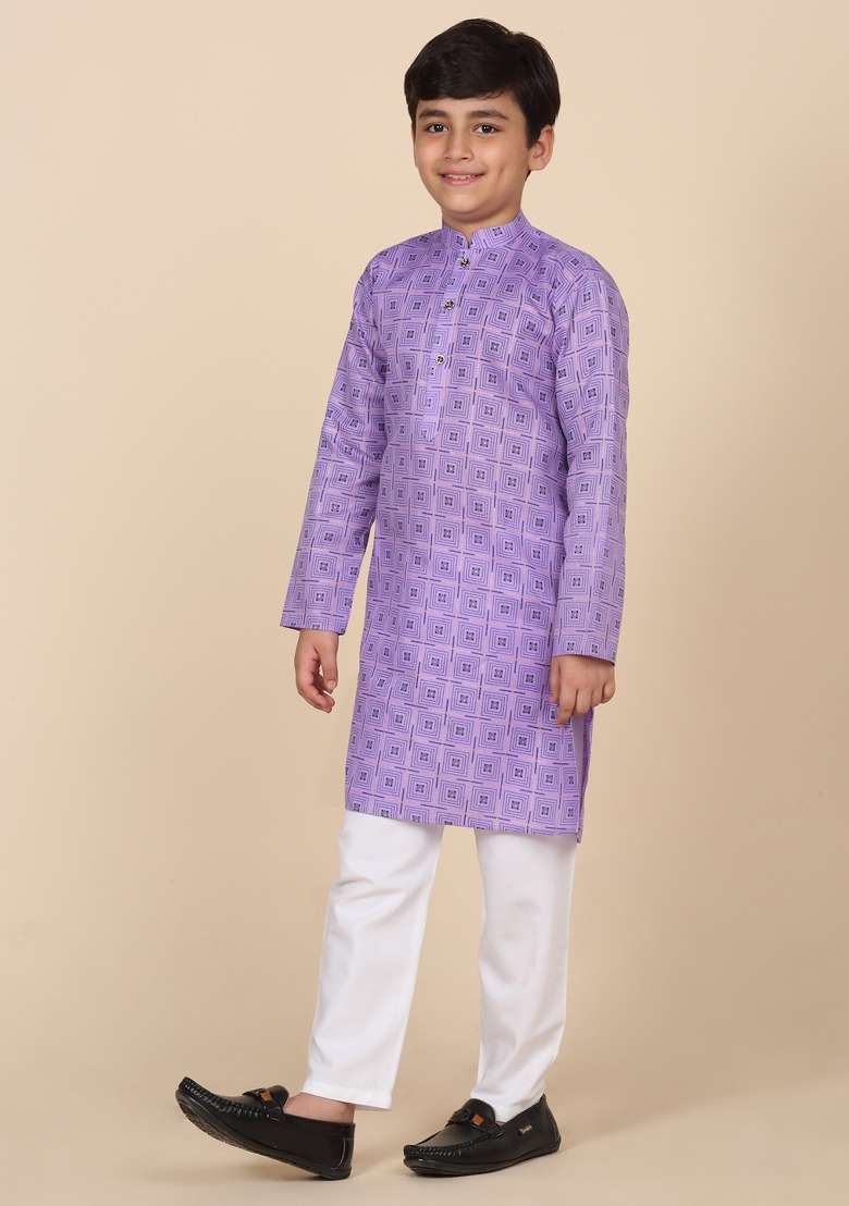 Purple Printed Cotton Blend Kurta For Boys - Indya