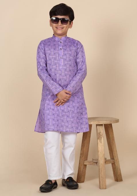 Purple Printed Cotton Blend Kurta For Boys