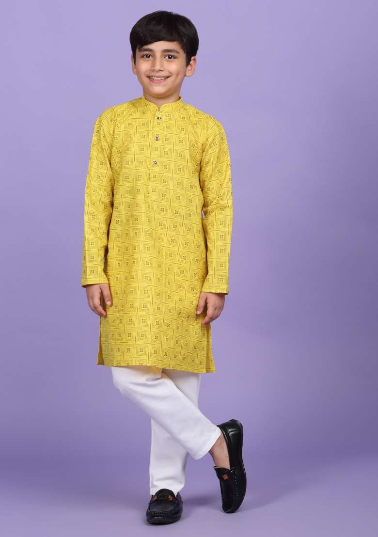 Yellow Printed Cotton Blend Kurta For Boys - Indya