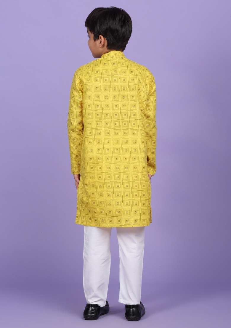 Yellow Printed Cotton Blend Kurta For Boys - Indya