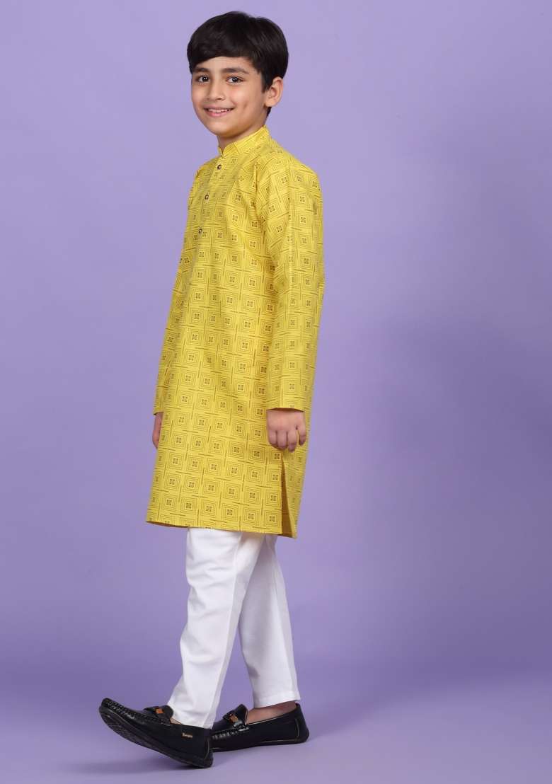 Yellow Printed Cotton Blend Kurta For Boys - Indya
