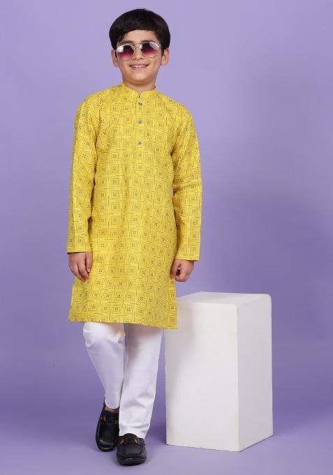 Yellow Printed Cotton Blend Kurta For Boys