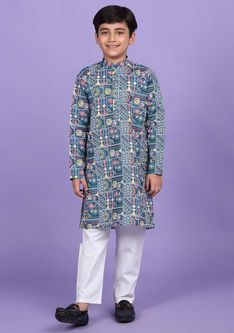 Blue Printed Cotton Blend Kurta For Boys - Indya