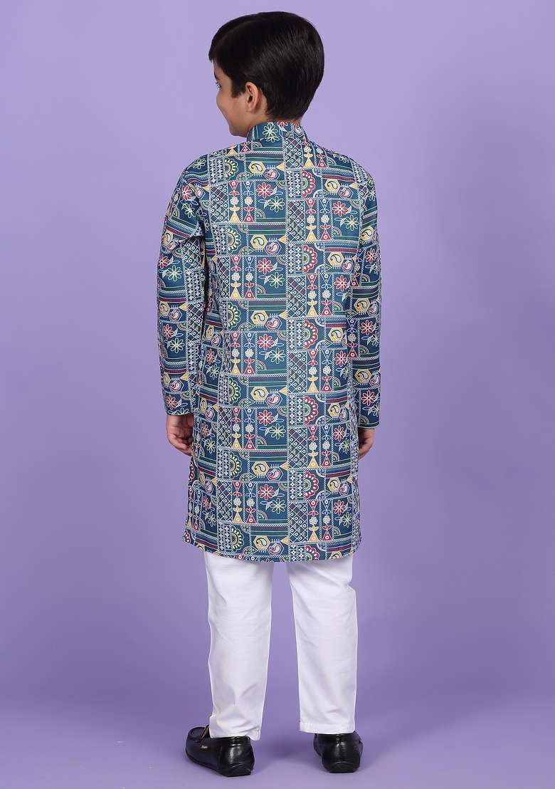 Blue Printed Cotton Blend Kurta For Boys - Indya