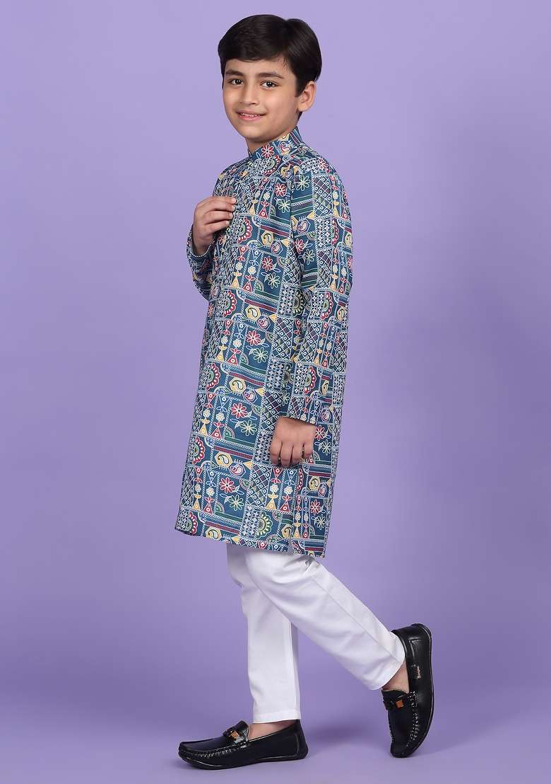 Blue Printed Cotton Blend Kurta For Boys - Indya
