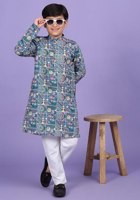Blue Printed Cotton Blend Kurta For Boys