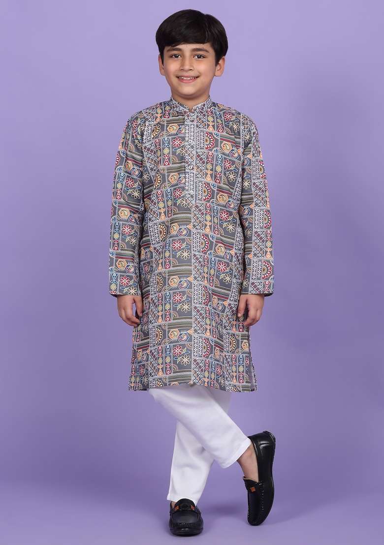 Grey Printed Cotton Blend Kurta For Boys - Indya