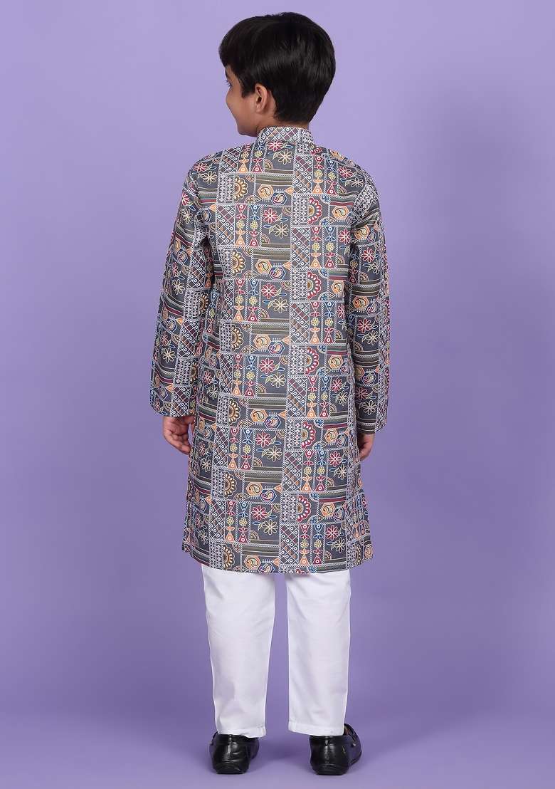 Grey Printed Cotton Blend Kurta For Boys - Indya