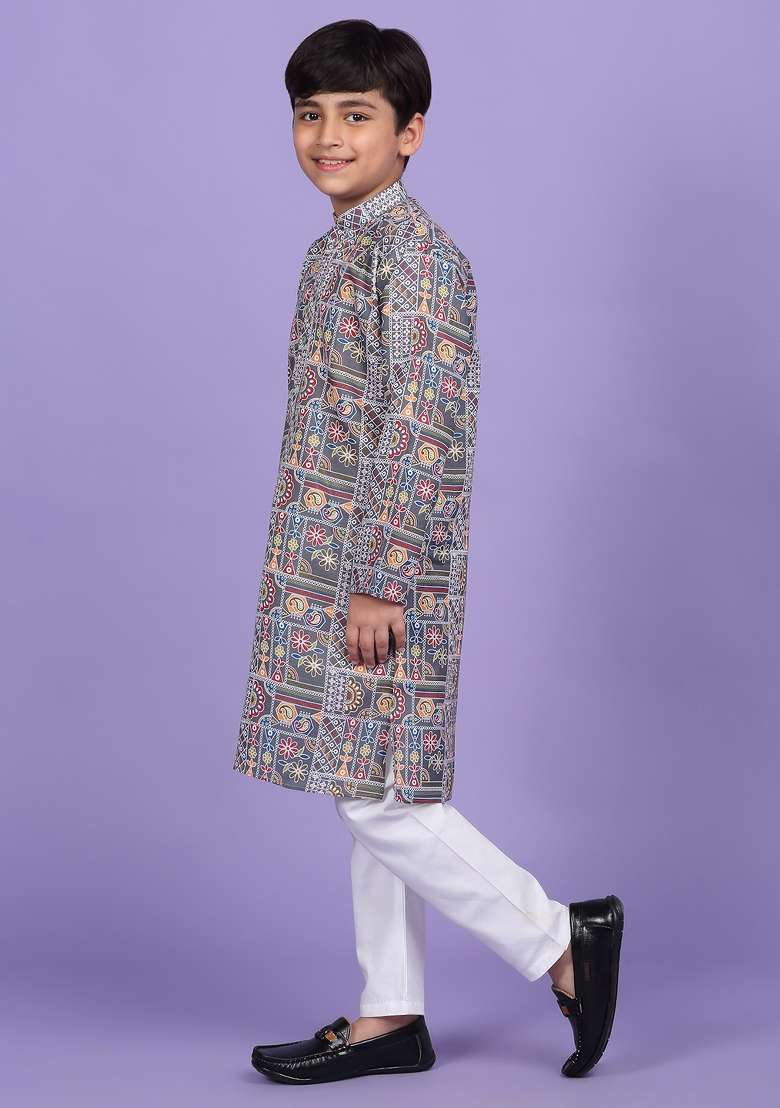 Grey Printed Cotton Blend Kurta For Boys - Indya