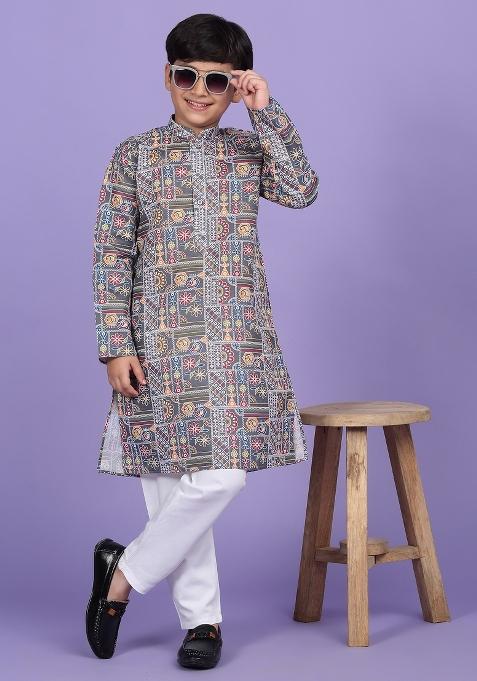 Grey Printed Cotton Blend Kurta For Boys