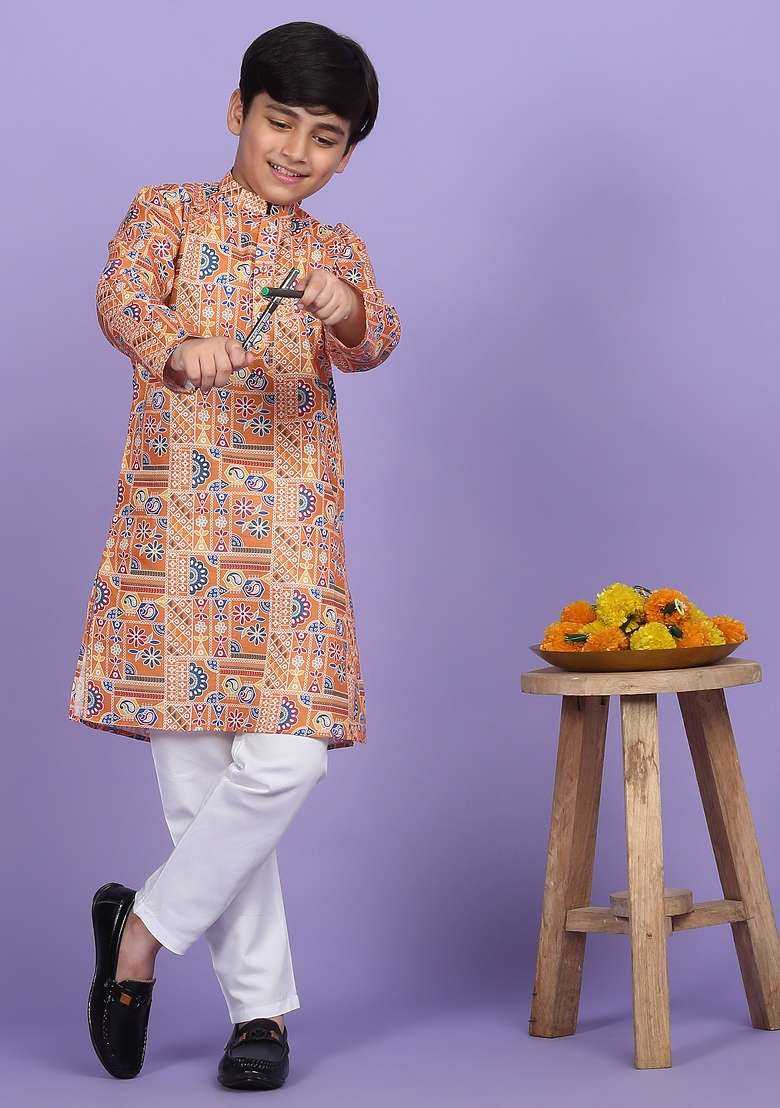 Orange Printed Cotton Blend Kurta For Boys - Indya