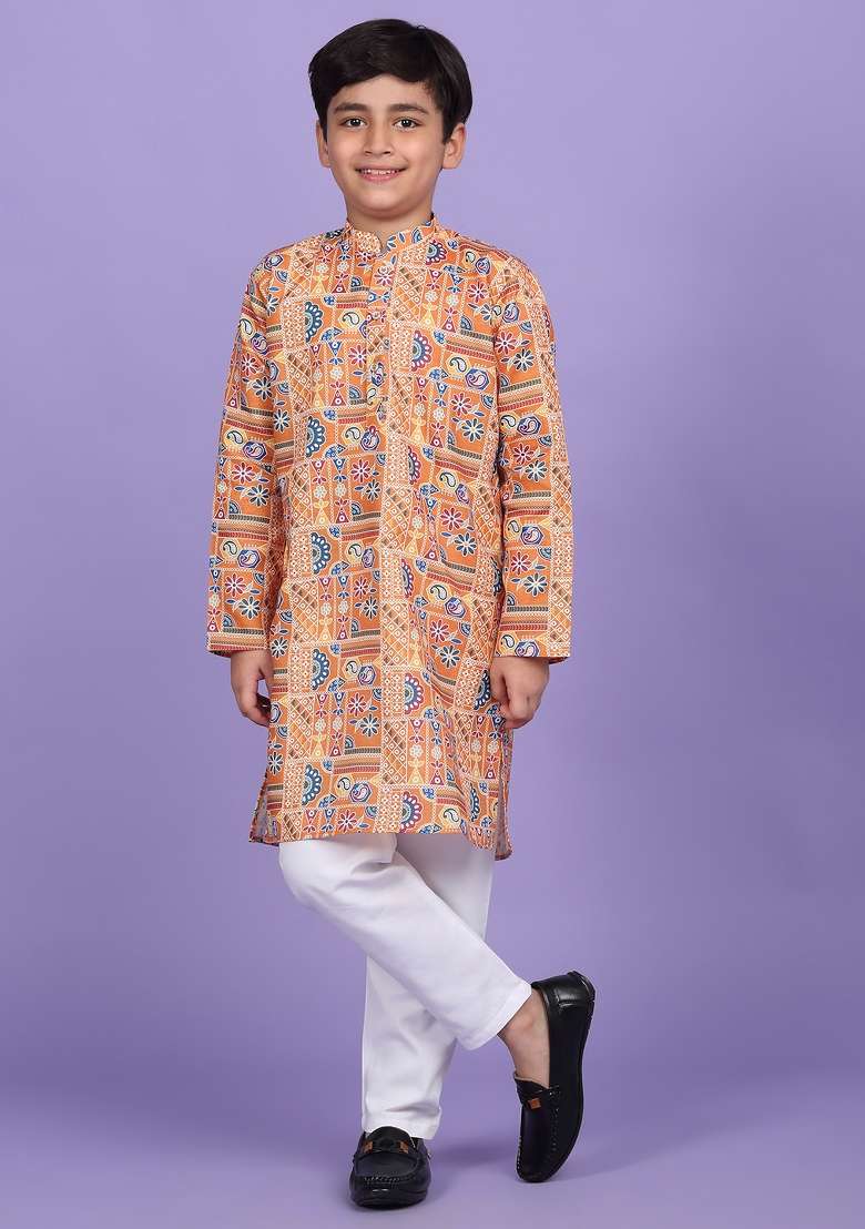 Orange Printed Cotton Blend Kurta For Boys - Indya