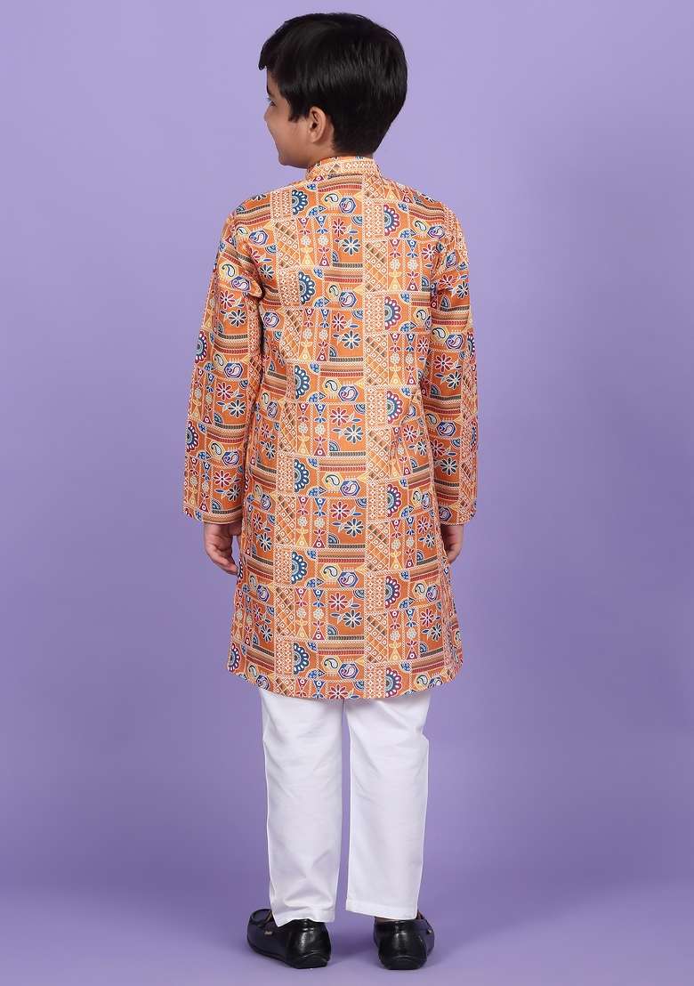 Orange Printed Cotton Blend Kurta For Boys - Indya