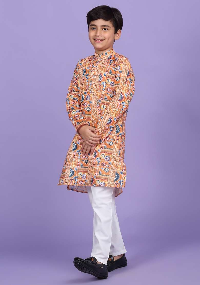 Orange Printed Cotton Blend Kurta For Boys - Indya