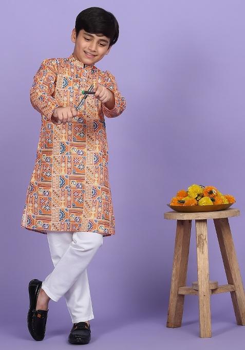 Orange Printed Cotton Blend Kurta For Boys