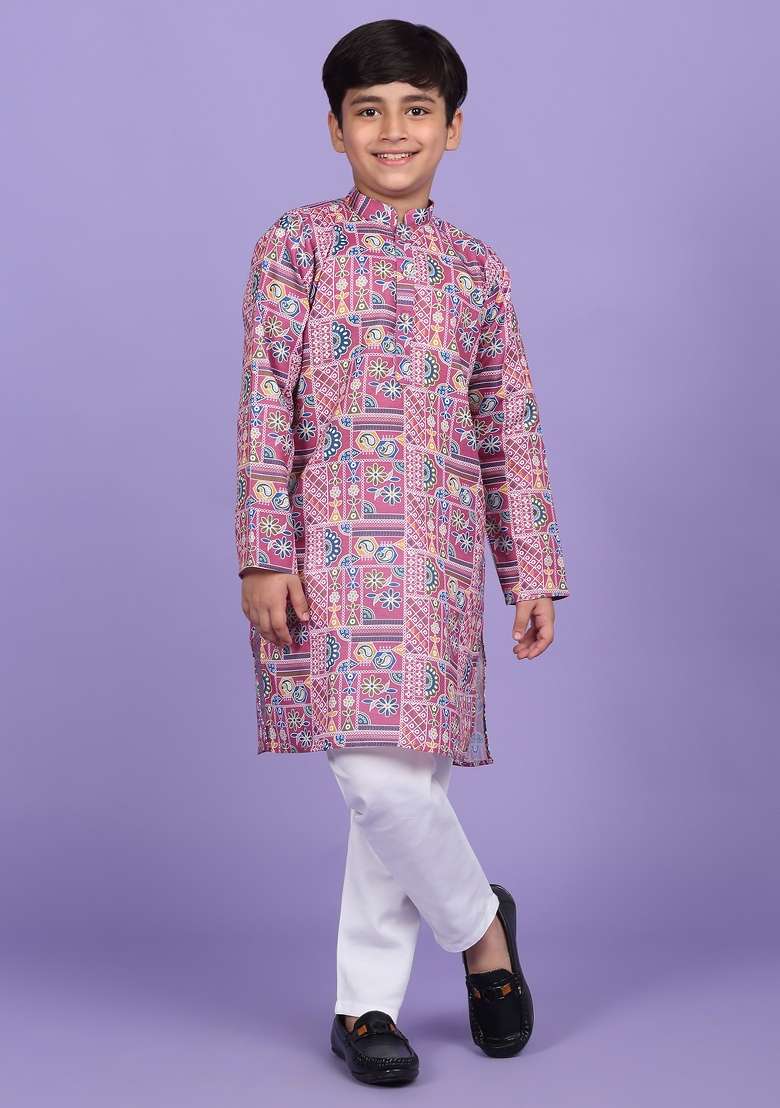 Pink Printed Cotton Blend Kurta For Boys - Indya