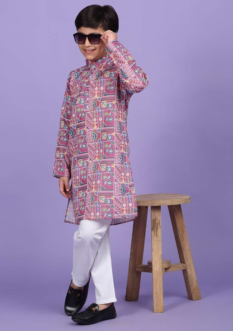 Pink Printed Cotton Blend Kurta For Boys - Indya