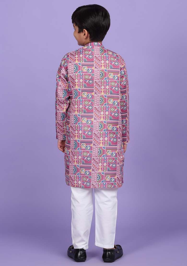 Pink Printed Cotton Blend Kurta For Boys - Indya