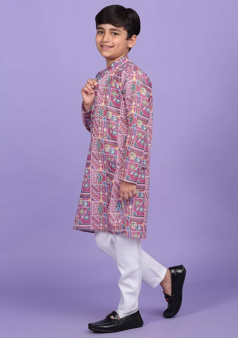 Pink Printed Cotton Blend Kurta For Boys - Indya