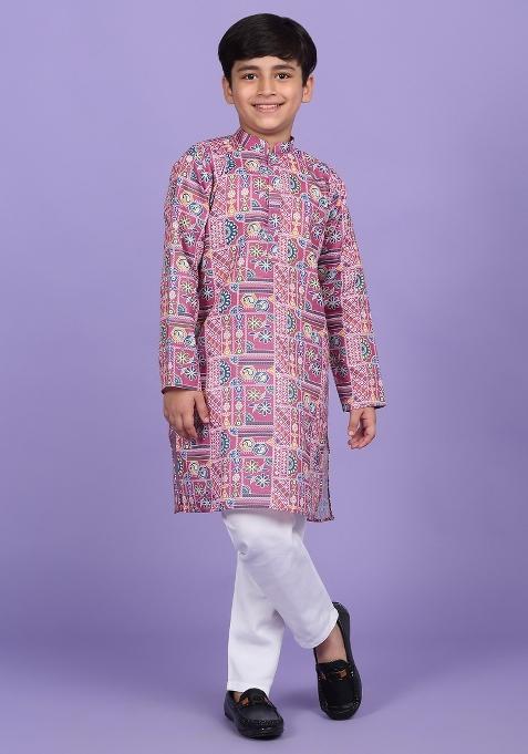 Pink Printed Cotton Blend Kurta For Boys