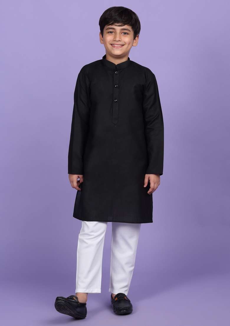 Black Solid Cotton Blend Kurta For Boys - Indya