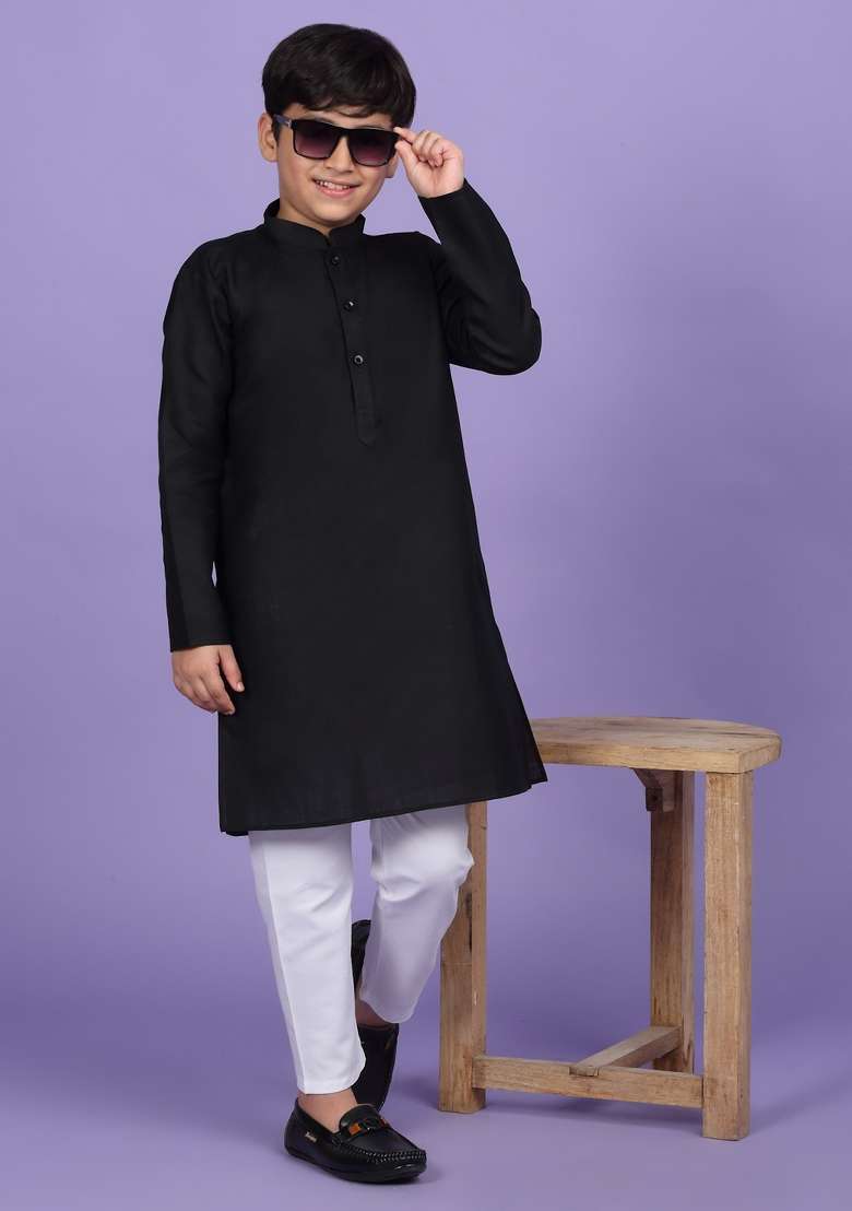 Black Solid Cotton Blend Kurta For Boys - Indya