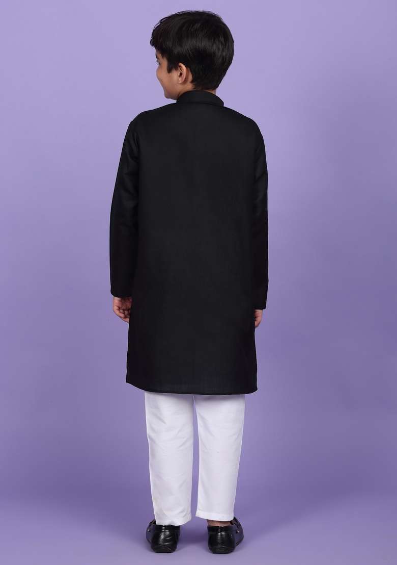 Black Solid Cotton Blend Kurta For Boys - Indya