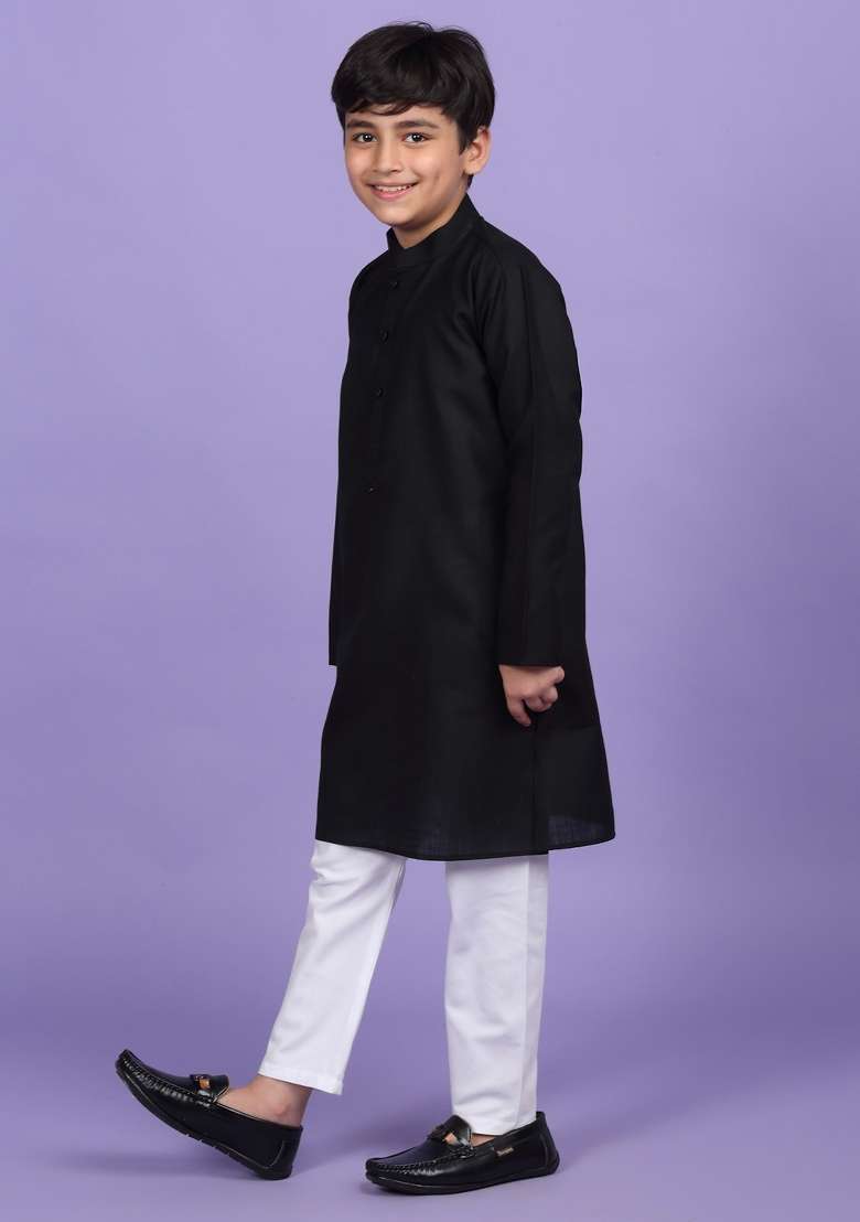 Black Solid Cotton Blend Kurta For Boys - Indya